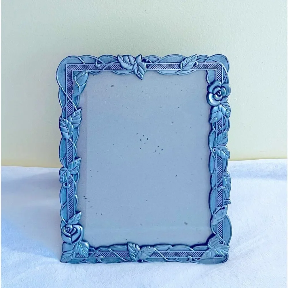 Vintage 1980s DECOREL Pewter Photo Picture Frame Ornate Rose Embossed Floral